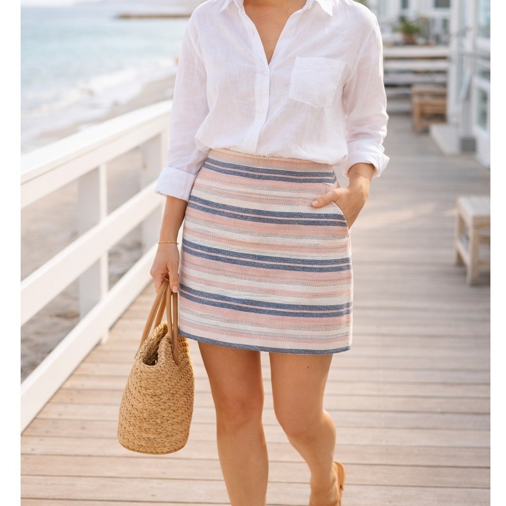 LOFT Striped Mini Skirt Size 6 Pink Blue Textured Spring Summer Preppy Capsule